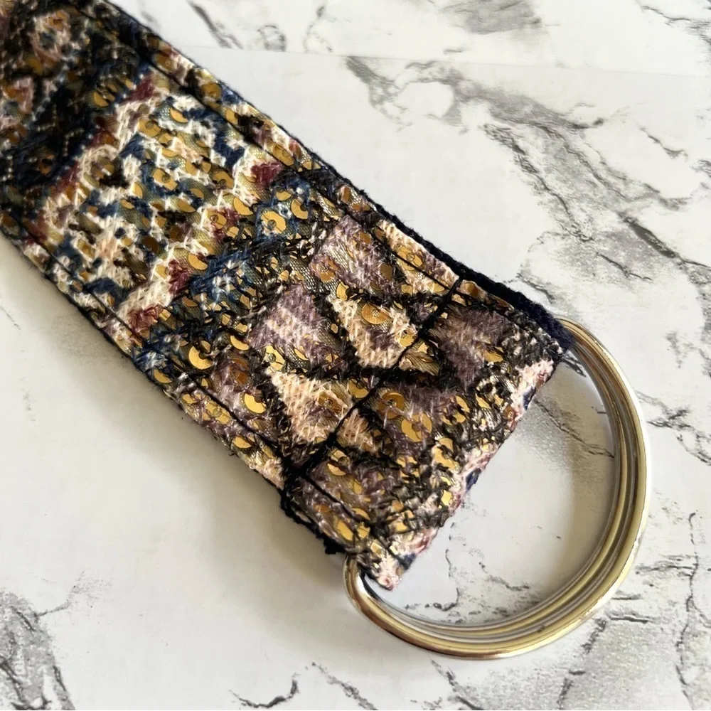 Belt Southwestern Aztec Print Fabric Gold Sequin Blue Brown M Concert Festival